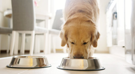 Cute Golden Retriever Dog Having Food From A Bowl In The Kitchenの写真素材