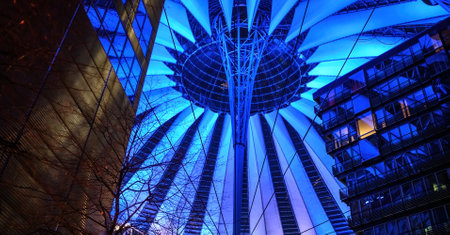 Belin, Germany - 20 December 2022: Colorful dome of Sony Center in Berlin at nightのeditorial素材