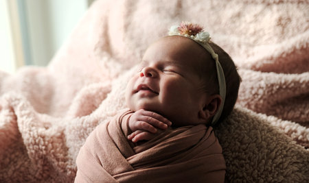 Newborn, Adorably Swaddled In A Blanket And Wearing A Hat, Sleeps Peacefullyの写真素材