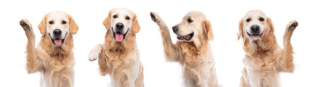 Golden retriever dog with paw up isolated on a white backgroundの写真素材