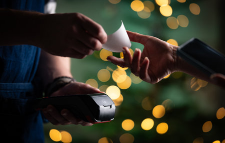 Girl Takes A Receipt After Successfully Making A Wireless Payment In A Cafe With A Blurred Christmas...