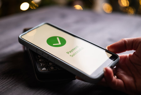 Payment Processed And Approved On A Wireless Terminal And Smartphone, With Approval Shown On A Screenの写真素材