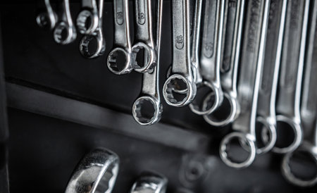 Wrench spanner tool variety for repair work. Metal key equipment for repaiman and engineersの写真素材