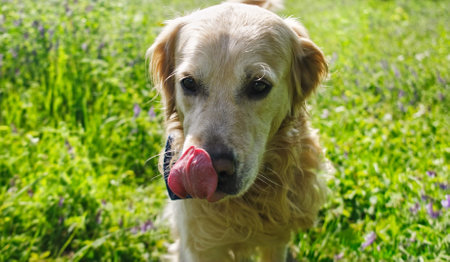 Cute Golden Retriever Dog Outside On Green Grassの写真素材