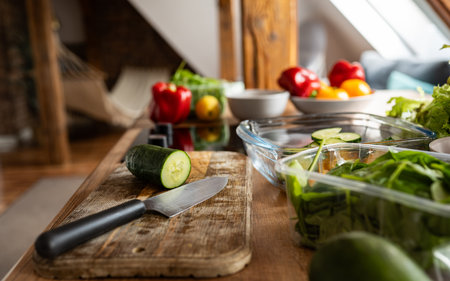 Fresh Vegetables For Healthy Salad, On A Cutting Board In Kitchenの写真素材