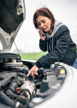 Female Driver With Broken Car On A Road Talks On The Phone With Service