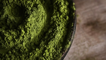 Matcha green tea powder top close up view