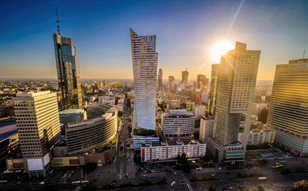 Overhead View Of A Street With Tall Buildings At Sunset In Warsaw, Polandの写真素材
