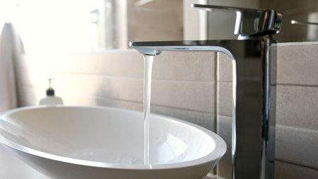 Hot Water Dripping From The Faucet Into The Bathroom Sinkの写真素材