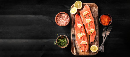 raw trout fillet red fish with lemon and spices ready for cooking on a cutting board, top view with...