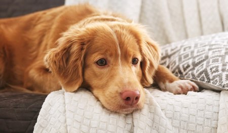Portrait Of Adorable toller Retriever Dog lying on sofa At Homeの写真素材