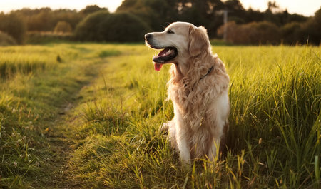 Happy Golden Retriever Sitting In A Field On The Grass At Sunsetの写真素材