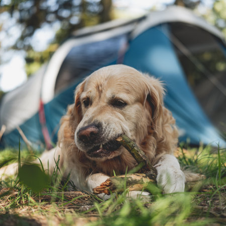 Adorable Golden Retriever Dog Lying By Touristic Camp Tent Chewing A Stickの写真素材