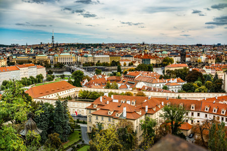 Amazing Panoramic View Of An Old Town In Prague With Tiled Roofsの写真素材