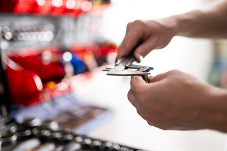 Mechanic Measures An Auto Bolt With A Caliper In Serviceの写真素材