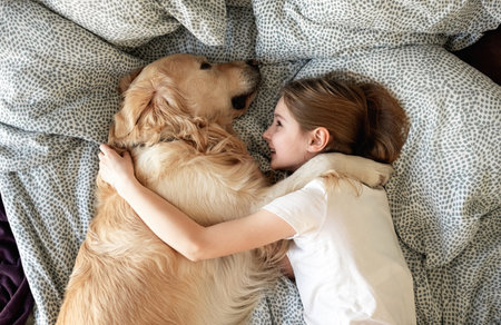 Happy Little Girl Lying In Embrace With Dog In Bedの写真素材