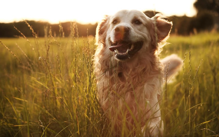 Adorable Golden Retriever Dog On A Field At Sunset Swiftly Runningの写真素材