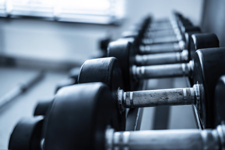 Dumbbells On A Rack And Workout Equipment In The Gymの写真素材