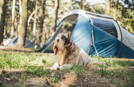 Adorable Golden Retriever Dog Lying By Touristic Camp Tent Playing With A Stick Outdoorsの写真素材