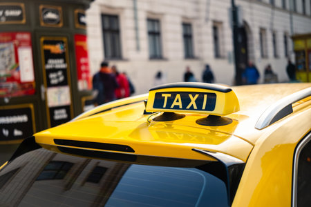 Yellow Taxi Car With A Taxi Sign On The Roof Waits For Clients In The City Centerの写真素材