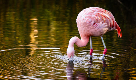 Pink Flamingo Birds In Water And Hunting For Fishの写真素材