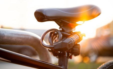Bike Seat With Code Lock Close Up At Sunset In The Parkの写真素材