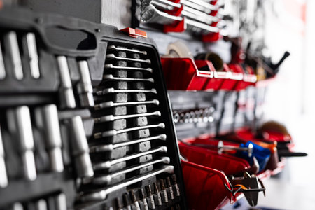 Garage Wall-Mounted Tool Organizer For Auto mechanics Wrenches And Socket Setsの写真素材
