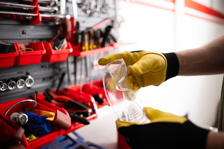 Mechanic Holds Protective Goggles In Hand At The Garage Workspaceの写真素材