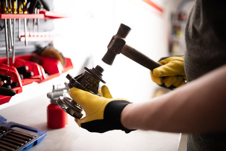 Serviceman Repairing An Auto Part With A Hammer At The Workbench In Service
