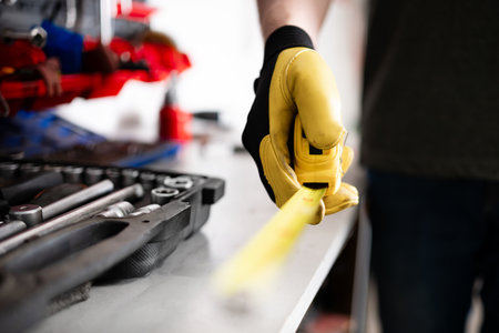 Auto Mechanic Holding Measuring Tape In Hands While In Serviceの写真素材