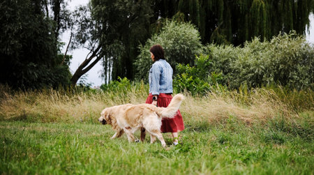 Woman Walks On A Green Lawn With A Golden Retriever