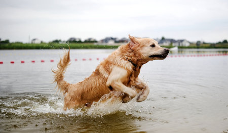 Happy Golden Retriever Runs In The River, Enjoying The Outdoorsの写真素材