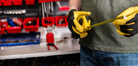 Man In Protective Gloves Holds A Measuring Tape At The Workbench