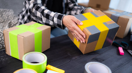 Girl At Home Packing A Cardboard Box, Representing The Concept Of Handmade Products For Selling...