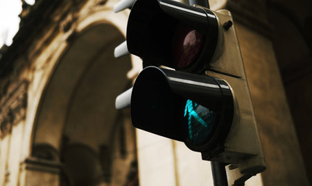 Pedestrian Green Traffic Light On A Historical European Streetの写真素材