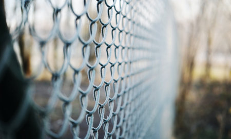 Chain-Link Fence Covered In Morning Frost Symbolizes The Concept Of Land Parcel Protectionの写真素材