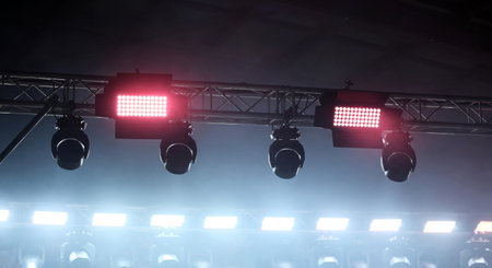 Spotlights On The Ceiling Illuminate The Concert Stage And Work During The Show