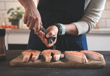 Woman Salting Raw Red Salmon For Cooking In The Kitchenの写真素材