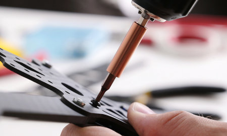 Assembling DIY fpv drone frame. Tightening screws of a copter body