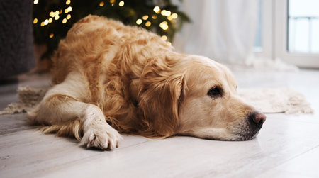 Adorable Golden Retriever Dog Lying On A Floor Against Christmas Treeの写真素材