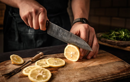 Chief hands cutting lemon to slices with knife on wooden board at kitchen. Citrus fruit for lemonade...