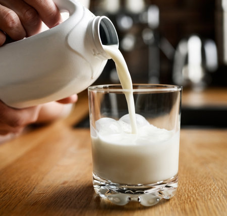 Pouring milk in glass from a white bottle, close upの写真素材