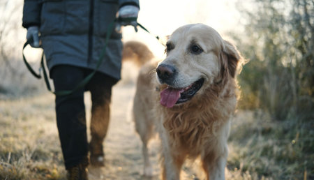 Girl Walks With Adorable Golden Retriever On A Frosty Morning As The Owner Leads The Dog On A Leash...