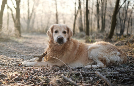 Adorable Golden Retriever Dog Plays In The Frosty Forest And Bites A Stick