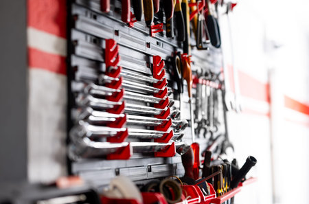 Wall-Mounted Tool Panel With Wrenches For Mechanic In Auto Service