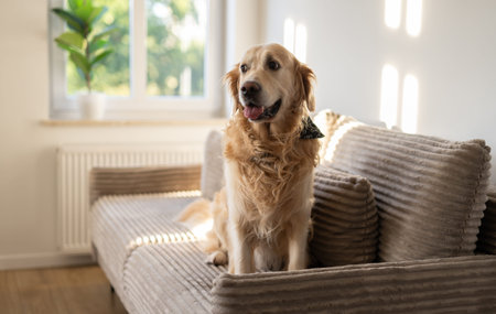 Adorable Golden Retriever Dog On Sofa At Homeの写真素材