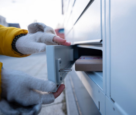 Girl In Gloves Opens A Parcel Cell In A Parcel Automated Locker In Winter