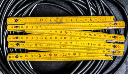 Yellow ruler tool for measuring objects with precision. Work centimeter equipment instrument for...