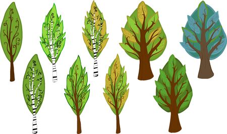 cartoon vector deciduous trees with branches and a green or blue crownのイラスト素材