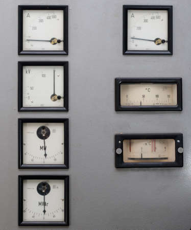 Old analog instruments table, with voltmeter, wattmeter,thermometer